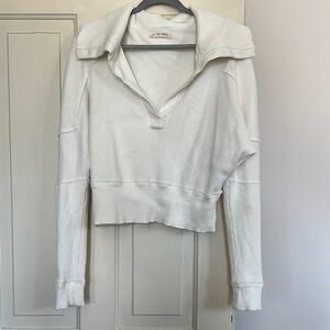 Free People Cream Boxy Cropped Polo Sweatshirt